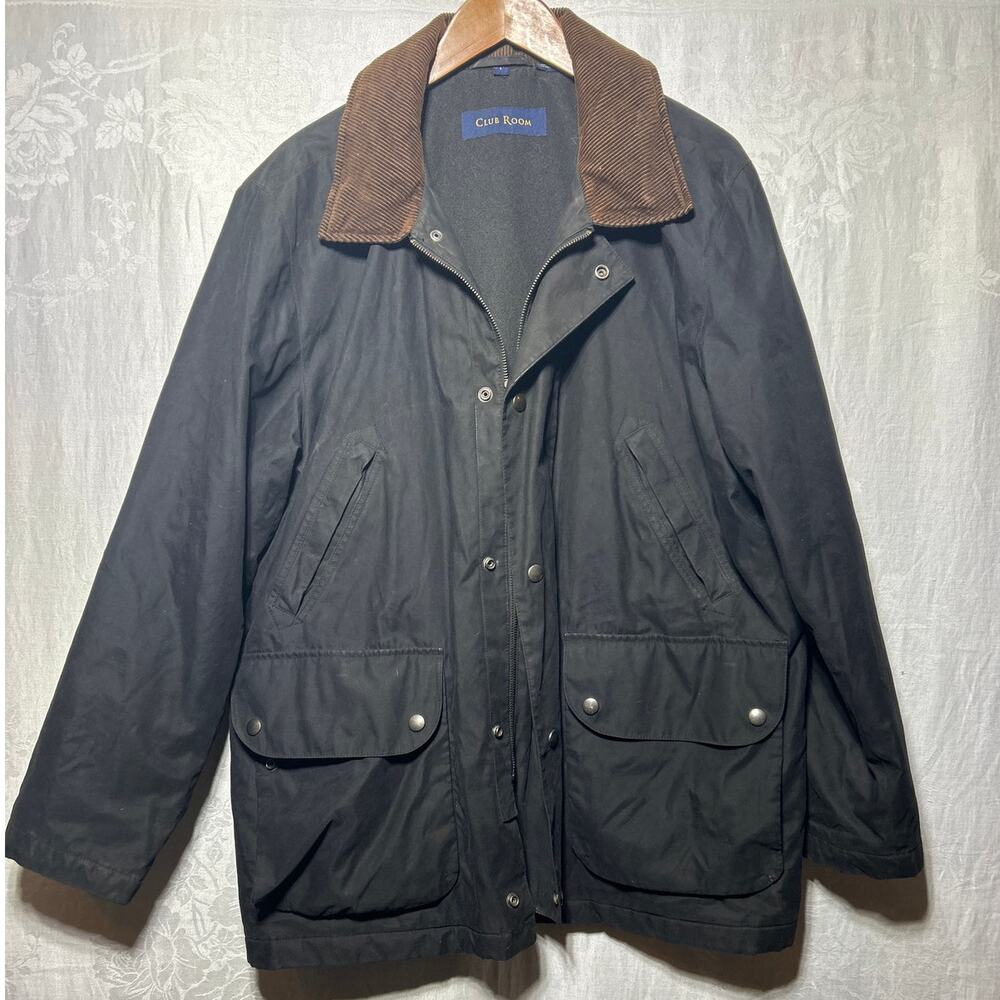 VTG Club Room Chore Coat Large Black Brown Corduroy Collar Flannel Lined Barn